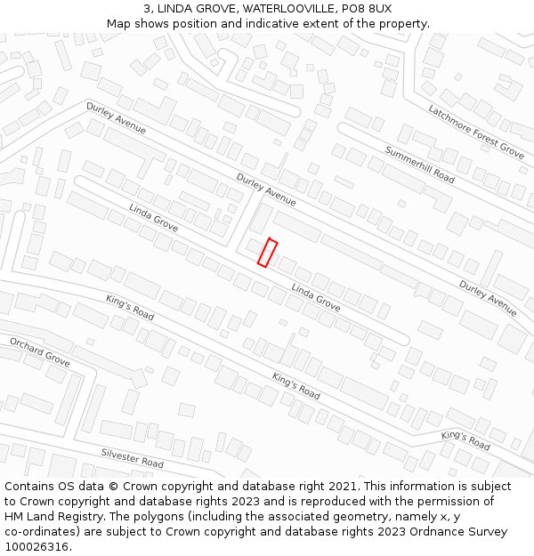 3, LINDA GROVE, WATERLOOVILLE, PO8 8UX: Location map and indicative extent of plot