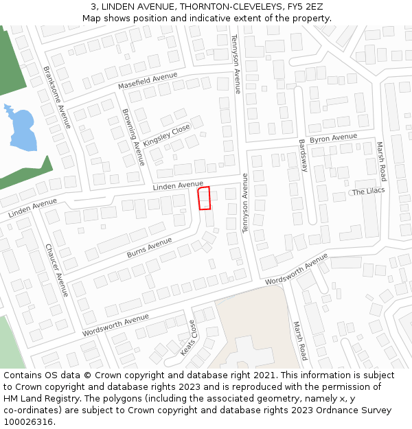 3, LINDEN AVENUE, THORNTON-CLEVELEYS, FY5 2EZ: Location map and indicative extent of plot