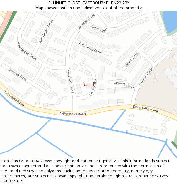 3, LINNET CLOSE, EASTBOURNE, BN23 7RY: Location map and indicative extent of plot