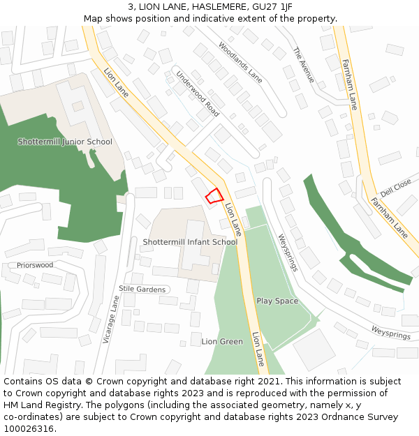 3, LION LANE, HASLEMERE, GU27 1JF: Location map and indicative extent of plot