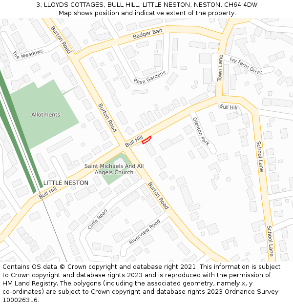 3, LLOYDS COTTAGES, BULL HILL, LITTLE NESTON, NESTON, CH64 4DW: Location map and indicative extent of plot