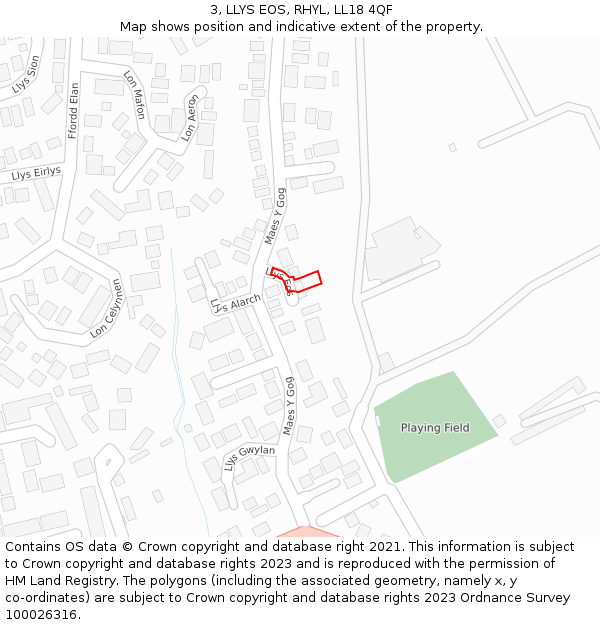 3, LLYS EOS, RHYL, LL18 4QF: Location map and indicative extent of plot