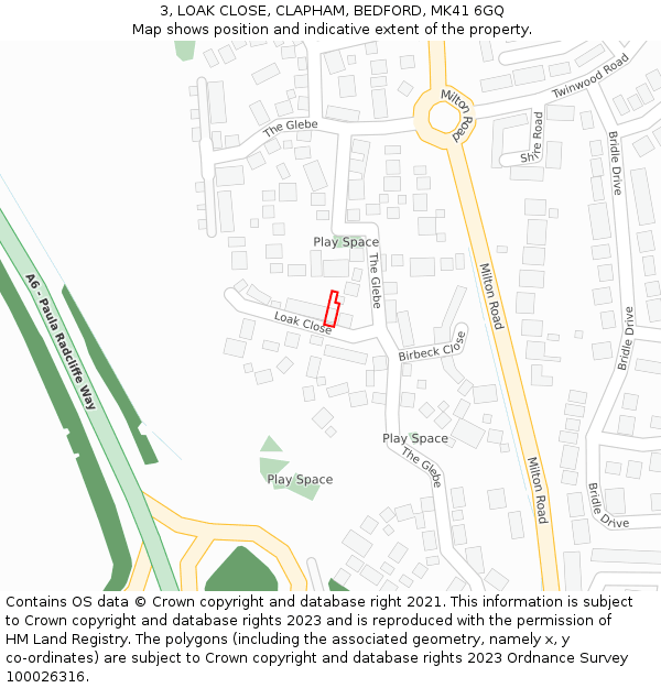 3, LOAK CLOSE, CLAPHAM, BEDFORD, MK41 6GQ: Location map and indicative extent of plot