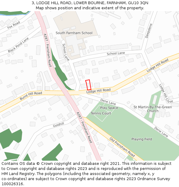 3, LODGE HILL ROAD, LOWER BOURNE, FARNHAM, GU10 3QN: Location map and indicative extent of plot