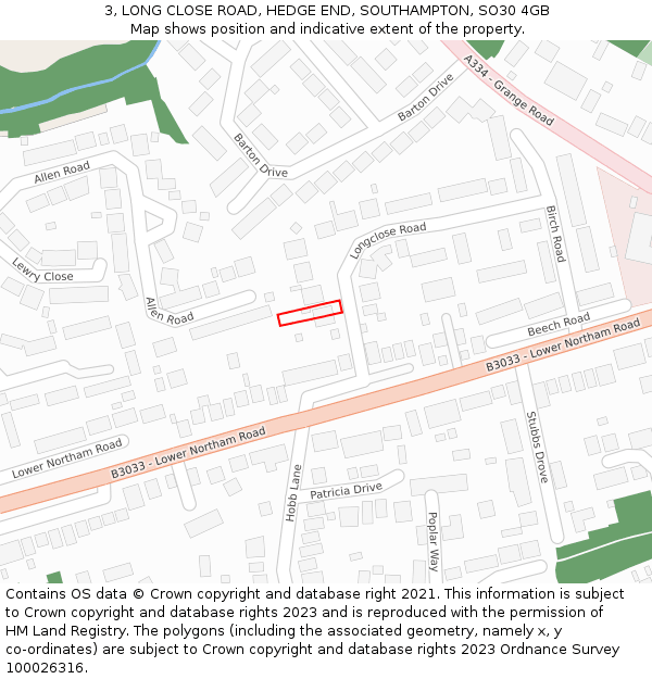 3, LONG CLOSE ROAD, HEDGE END, SOUTHAMPTON, SO30 4GB: Location map and indicative extent of plot