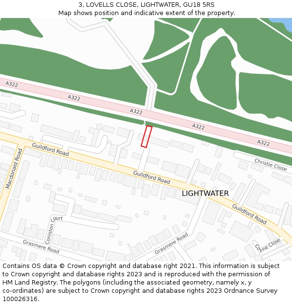 3, LOVELLS CLOSE, LIGHTWATER, GU18 5RS: Location map and indicative extent of plot