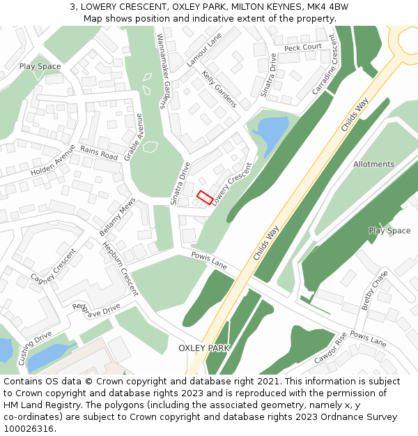 3, LOWERY CRESCENT, OXLEY PARK, MILTON KEYNES, MK4 4BW: Location map and indicative extent of plot