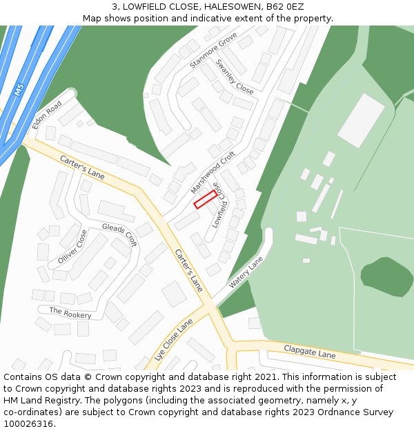 3, LOWFIELD CLOSE, HALESOWEN, B62 0EZ: Location map and indicative extent of plot