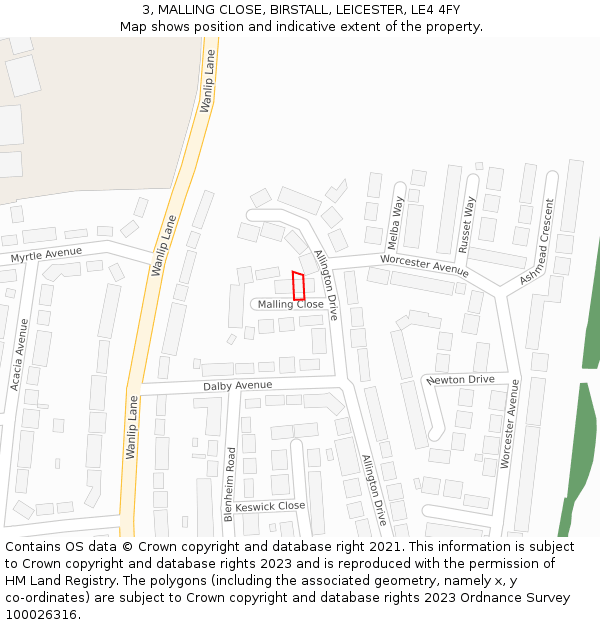 3, MALLING CLOSE, BIRSTALL, LEICESTER, LE4 4FY: Location map and indicative extent of plot