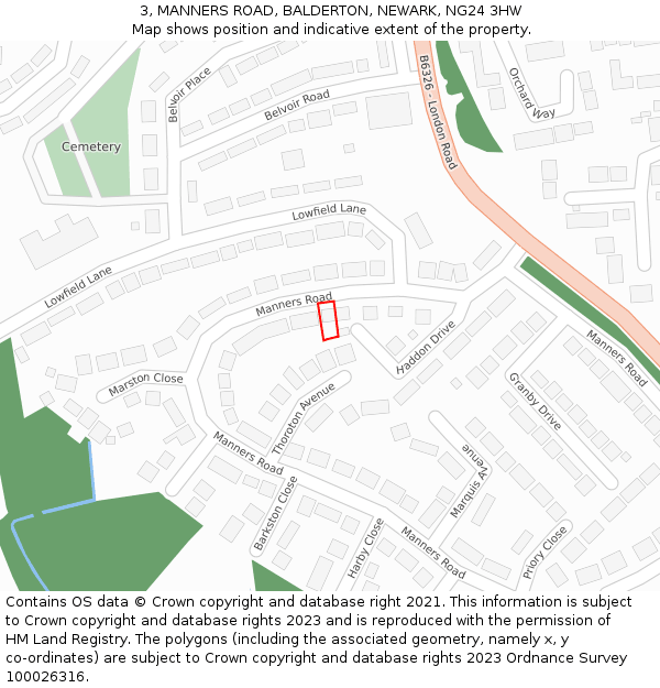 3, MANNERS ROAD, BALDERTON, NEWARK, NG24 3HW: Location map and indicative extent of plot