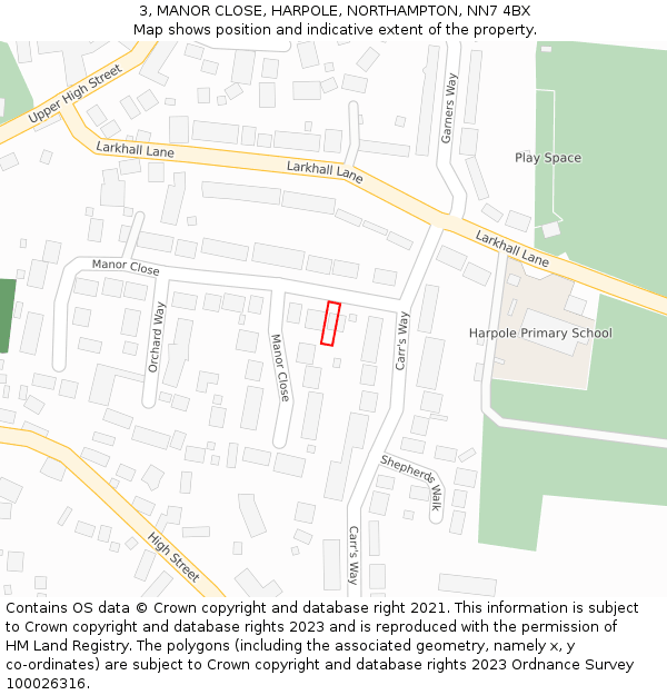 3, MANOR CLOSE, HARPOLE, NORTHAMPTON, NN7 4BX: Location map and indicative extent of plot
