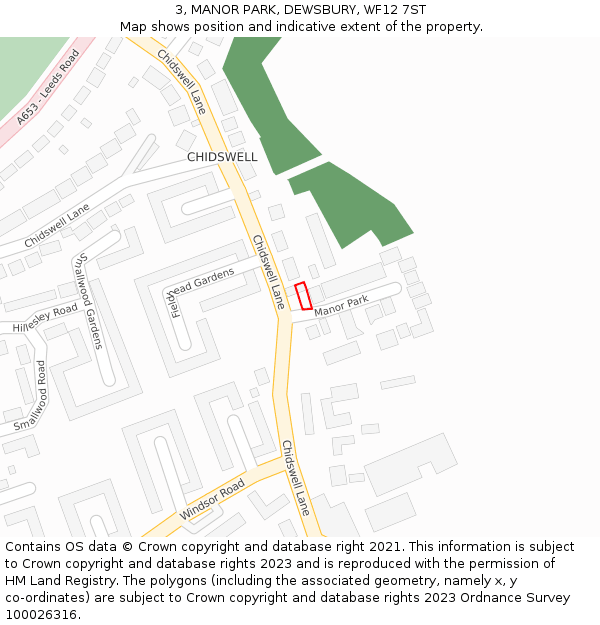 3, MANOR PARK, DEWSBURY, WF12 7ST: Location map and indicative extent of plot