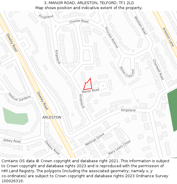 3, MANOR ROAD, ARLESTON, TELFORD, TF1 2LG: Location map and indicative extent of plot