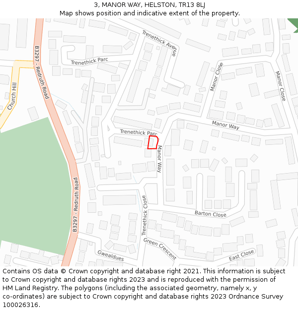 3, MANOR WAY, HELSTON, TR13 8LJ: Location map and indicative extent of plot