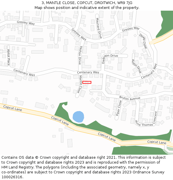 3, MANTLE CLOSE, COPCUT, DROITWICH, WR9 7JG: Location map and indicative extent of plot