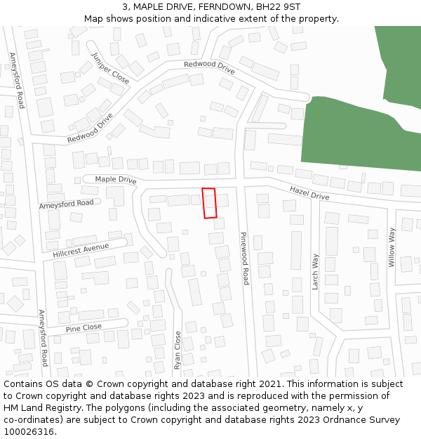 3, MAPLE DRIVE, FERNDOWN, BH22 9ST: Location map and indicative extent of plot