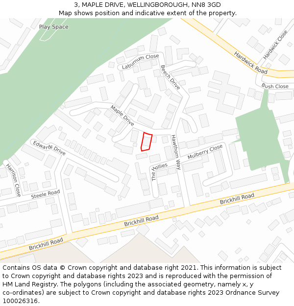 3, MAPLE DRIVE, WELLINGBOROUGH, NN8 3GD: Location map and indicative extent of plot