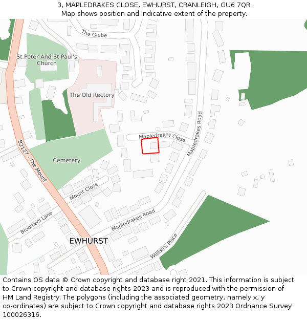 3, MAPLEDRAKES CLOSE, EWHURST, CRANLEIGH, GU6 7QR: Location map and indicative extent of plot