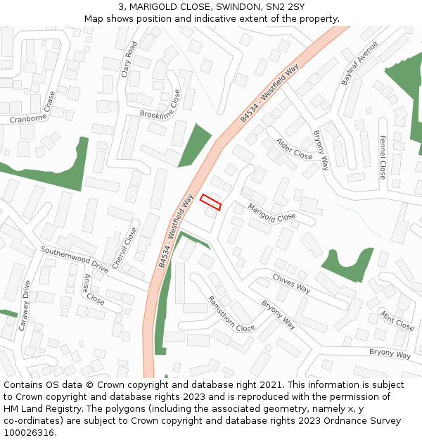 3, MARIGOLD CLOSE, SWINDON, SN2 2SY: Location map and indicative extent of plot