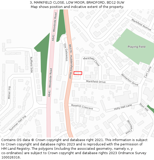 3, MARKFIELD CLOSE, LOW MOOR, BRADFORD, BD12 0UW: Location map and indicative extent of plot