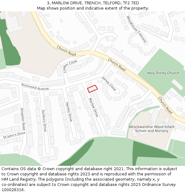 3, MARLOW DRIVE, TRENCH, TELFORD, TF2 7ED: Location map and indicative extent of plot