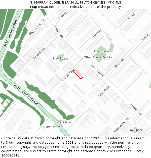 3, MARRAM CLOSE, BEANHILL, MILTON KEYNES, MK6 4LS: Location map and indicative extent of plot