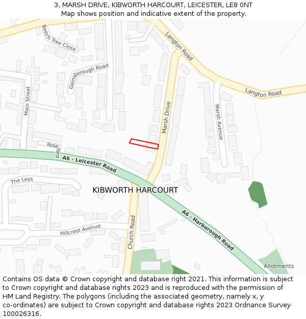 3, MARSH DRIVE, KIBWORTH HARCOURT, LEICESTER, LE8 0NT: Location map and indicative extent of plot