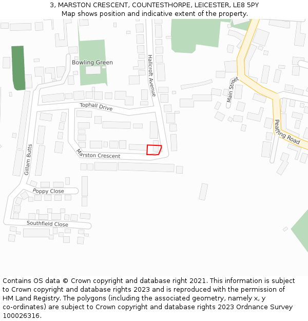 3, MARSTON CRESCENT, COUNTESTHORPE, LEICESTER, LE8 5PY: Location map and indicative extent of plot