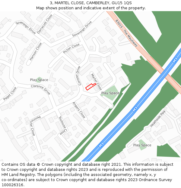 3, MARTEL CLOSE, CAMBERLEY, GU15 1QS: Location map and indicative extent of plot