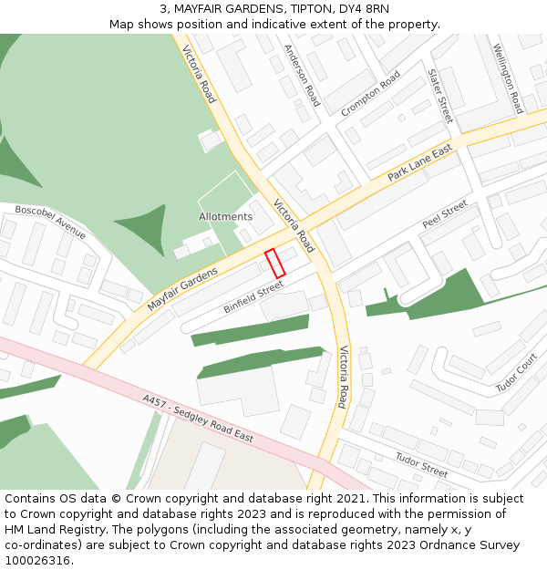 3, MAYFAIR GARDENS, TIPTON, DY4 8RN: Location map and indicative extent of plot