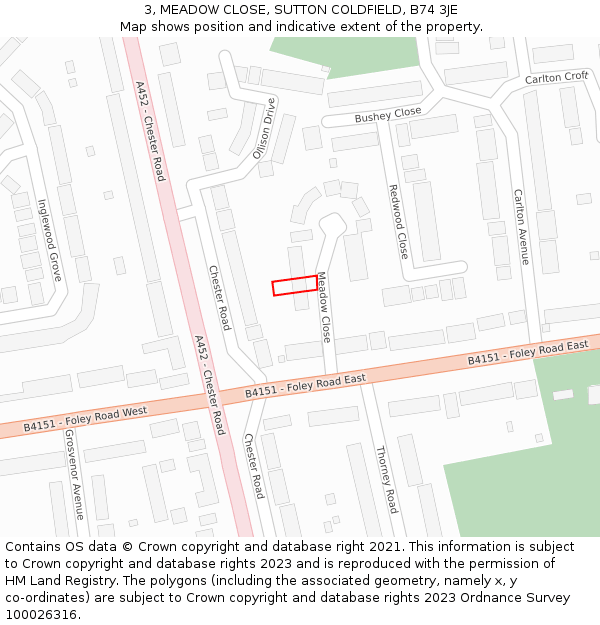 3, MEADOW CLOSE, SUTTON COLDFIELD, B74 3JE: Location map and indicative extent of plot