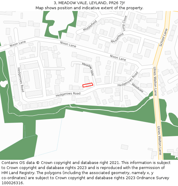 3, MEADOW VALE, LEYLAND, PR26 7JY: Location map and indicative extent of plot