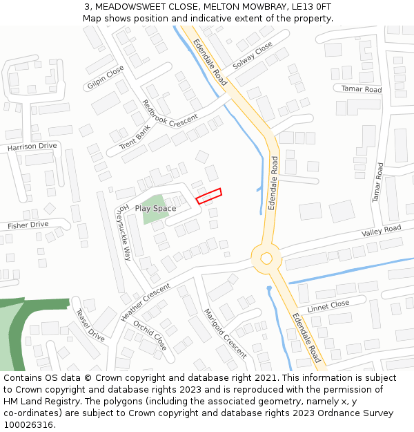 3, MEADOWSWEET CLOSE, MELTON MOWBRAY, LE13 0FT: Location map and indicative extent of plot