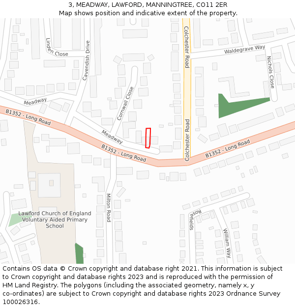 3, MEADWAY, LAWFORD, MANNINGTREE, CO11 2ER: Location map and indicative extent of plot