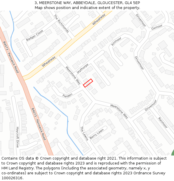 3, MEERSTONE WAY, ABBEYDALE, GLOUCESTER, GL4 5EP: Location map and indicative extent of plot
