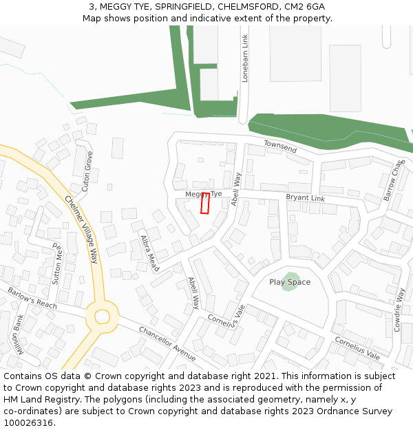 3, MEGGY TYE, SPRINGFIELD, CHELMSFORD, CM2 6GA: Location map and indicative extent of plot