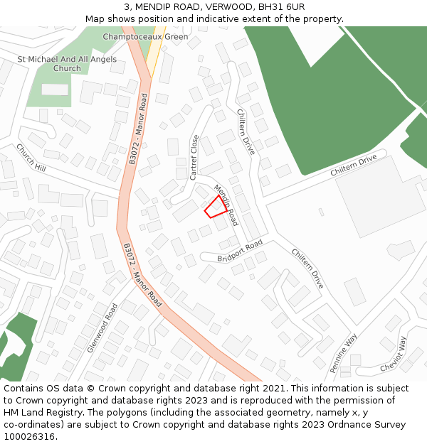 3, MENDIP ROAD, VERWOOD, BH31 6UR: Location map and indicative extent of plot