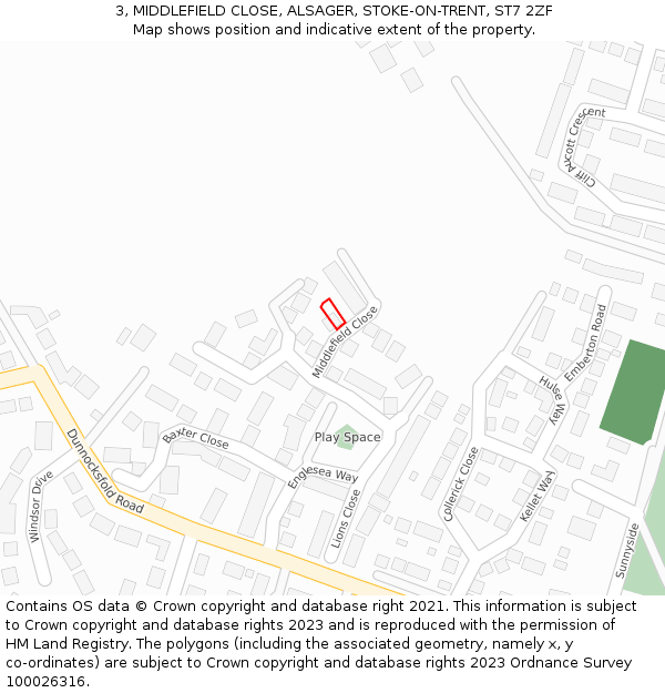 3, MIDDLEFIELD CLOSE, ALSAGER, STOKE-ON-TRENT, ST7 2ZF: Location map and indicative extent of plot