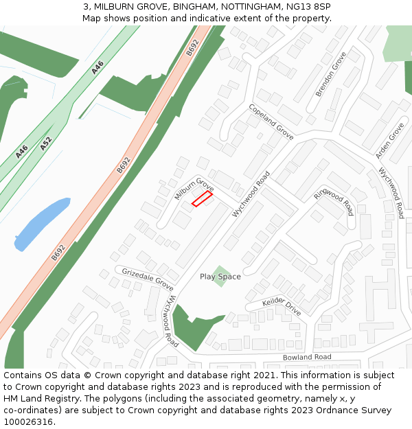 3, MILBURN GROVE, BINGHAM, NOTTINGHAM, NG13 8SP: Location map and indicative extent of plot