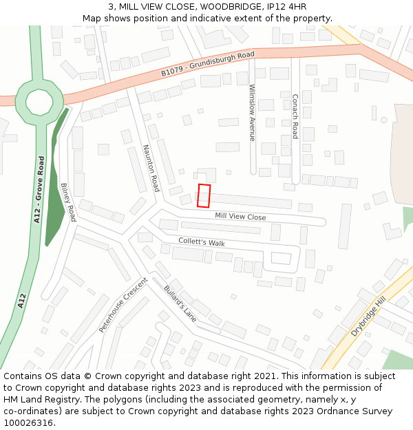 3, MILL VIEW CLOSE, WOODBRIDGE, IP12 4HR: Location map and indicative extent of plot