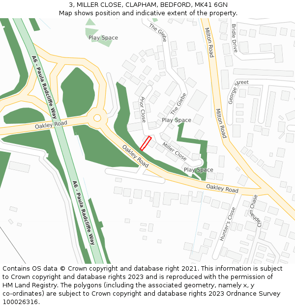 3, MILLER CLOSE, CLAPHAM, BEDFORD, MK41 6GN: Location map and indicative extent of plot