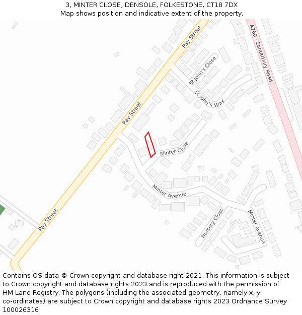 3, MINTER CLOSE, DENSOLE, FOLKESTONE, CT18 7DX: Location map and indicative extent of plot