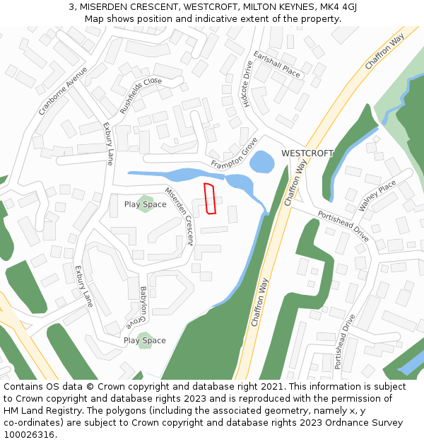 3, MISERDEN CRESCENT, WESTCROFT, MILTON KEYNES, MK4 4GJ: Location map and indicative extent of plot