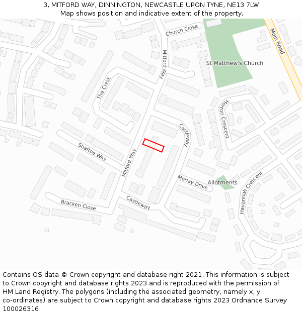 3, MITFORD WAY, DINNINGTON, NEWCASTLE UPON TYNE, NE13 7LW: Location map and indicative extent of plot