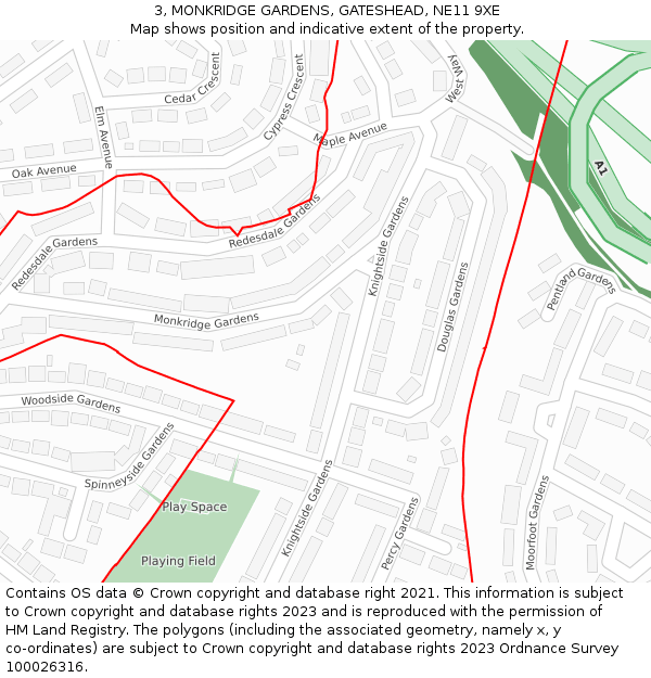 3, MONKRIDGE GARDENS, GATESHEAD, NE11 9XE: Location map and indicative extent of plot