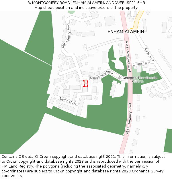 3, MONTGOMERY ROAD, ENHAM ALAMEIN, ANDOVER, SP11 6HB: Location map and indicative extent of plot