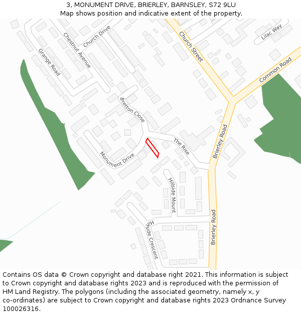 3, MONUMENT DRIVE, BRIERLEY, BARNSLEY, S72 9LU: Location map and indicative extent of plot