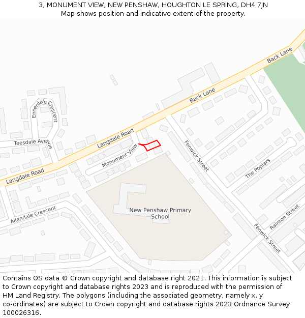 3, MONUMENT VIEW, NEW PENSHAW, HOUGHTON LE SPRING, DH4 7JN: Location map and indicative extent of plot