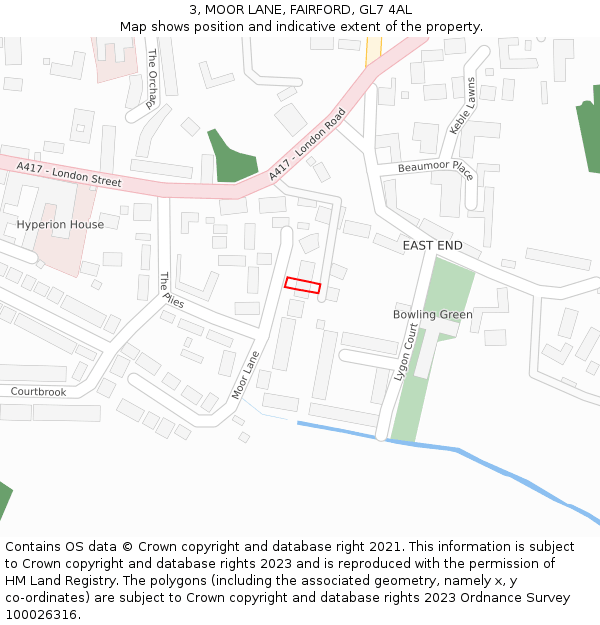 3, MOOR LANE, FAIRFORD, GL7 4AL: Location map and indicative extent of plot