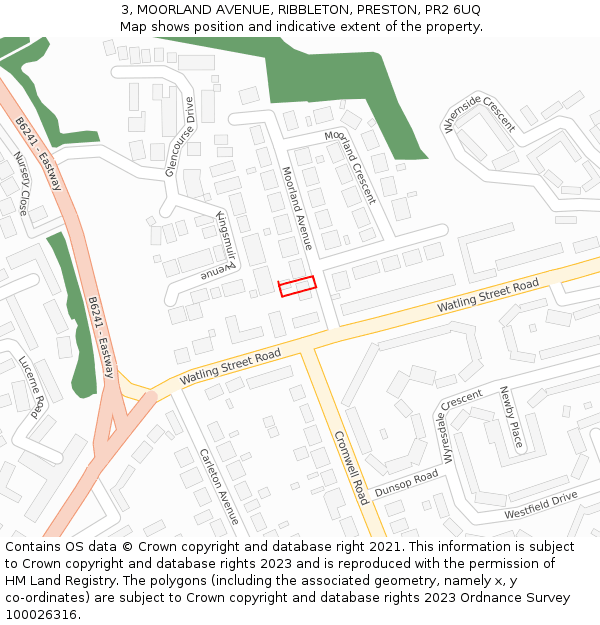 3, MOORLAND AVENUE, RIBBLETON, PRESTON, PR2 6UQ: Location map and indicative extent of plot